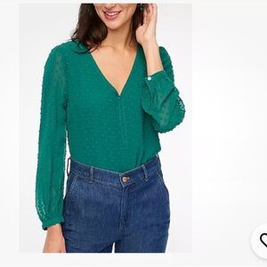 J.Crew Women's Green‎ Swiss Dot Sheer Blouse Long Sleeve V Neck Top
